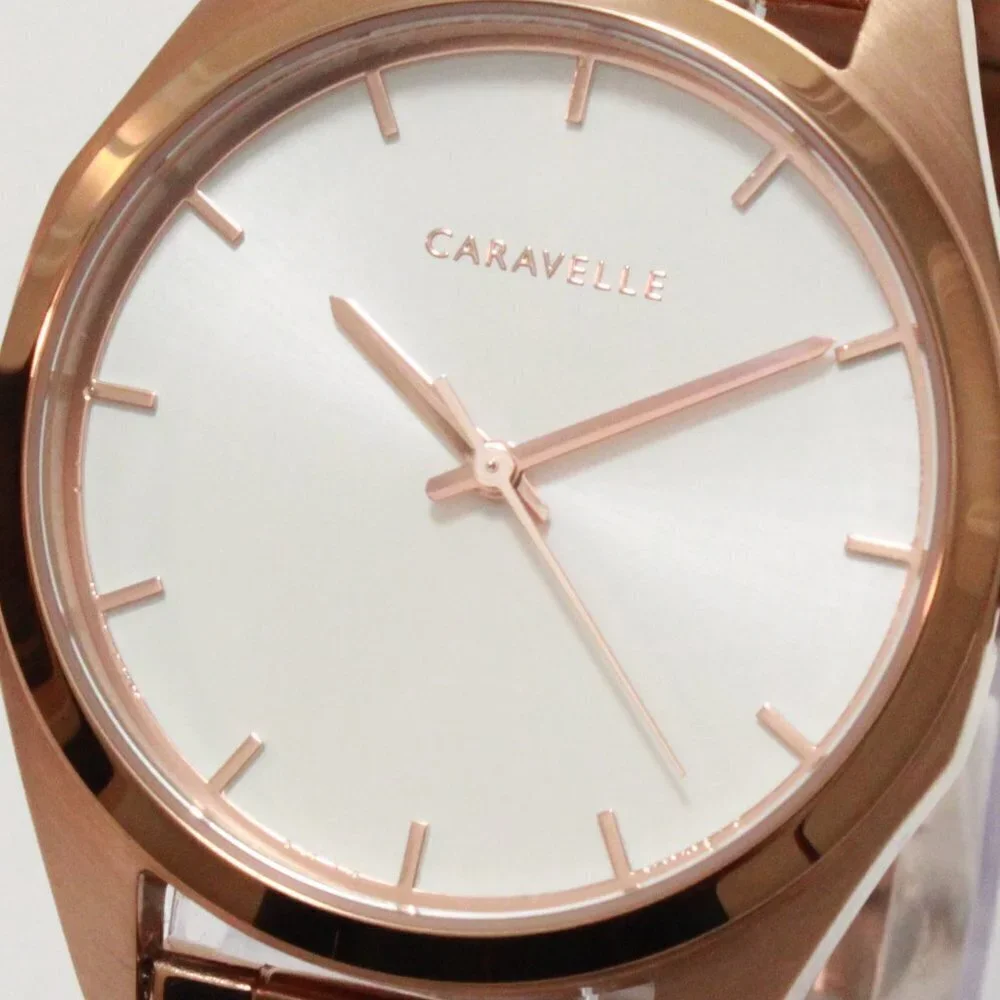 Caravelle Ladies Minimalist Watch By Bulova Rose Gold White Sun-ray Dial 36mm